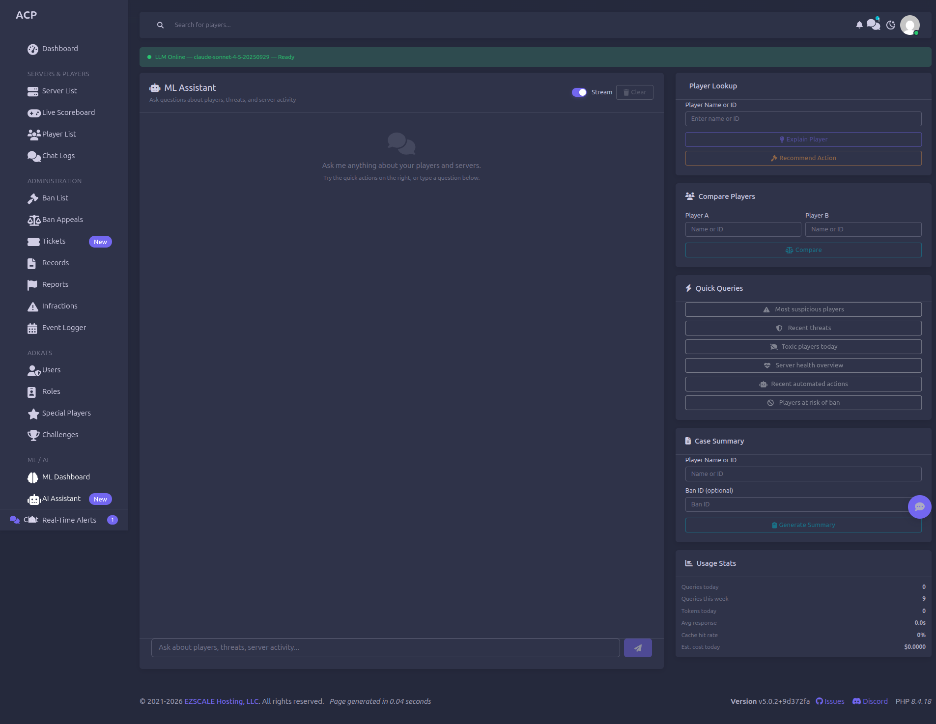 AI Assistant — Natural language queries about players and servers