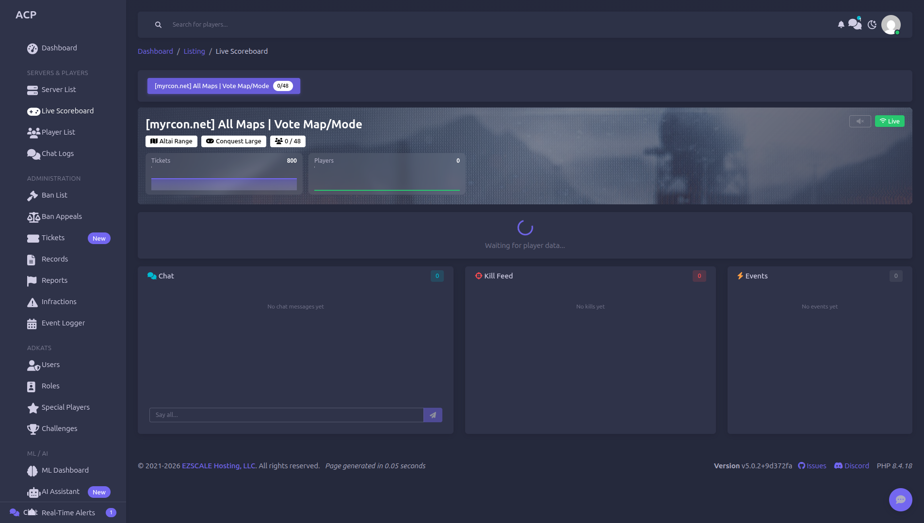 Live Scoreboard — Real-time server view with map backgrounds and chat